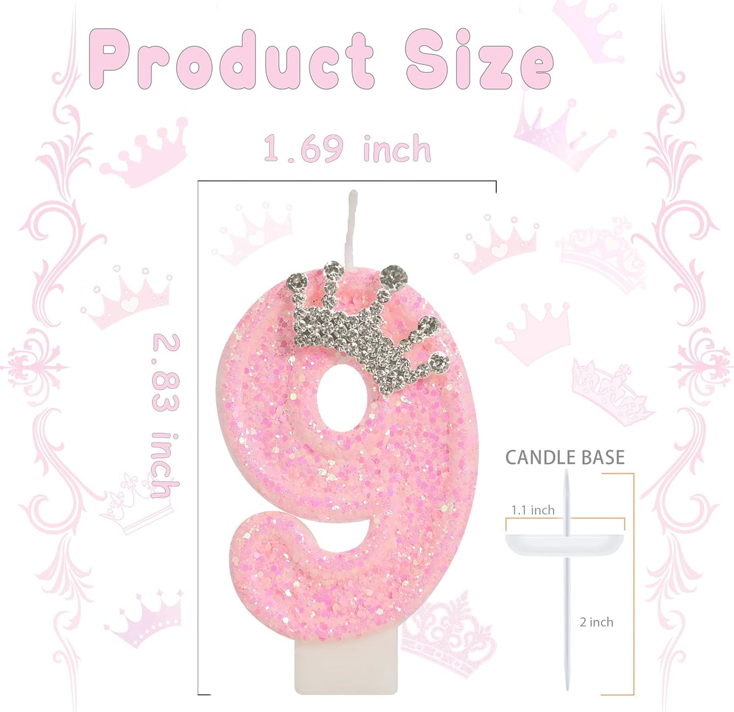 Birthday Candle for Cake, Crown Pink Number Candles, 2.76 inch Cake Topper Decoration for Princess Birthday Party (Number 9)