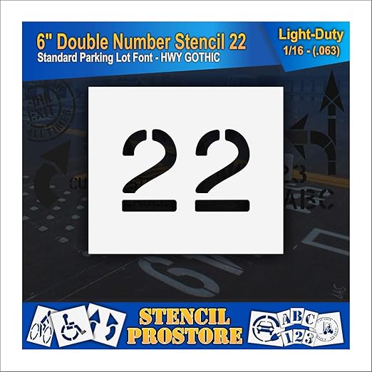 Pavement, Curb, and WheelStop Stencils - 6 inch Double Number Stencil - (22) - 6" x 9" x 1/16" (63 mil) - Light-Duty
