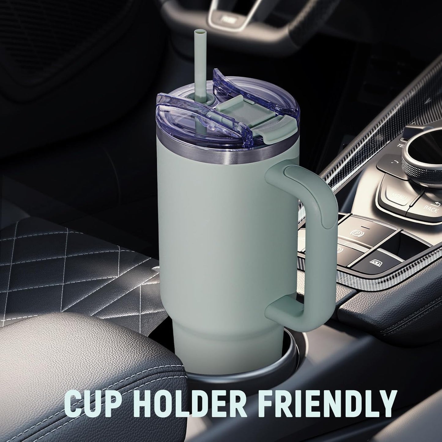 40 oz Tumbler with Handle and Straw Lid,Insulated Reusable Stainless Steel Water Bottle Travel Mug，Cupholder Friendly Double Wall Vacuum Sealed Cup (Shale)