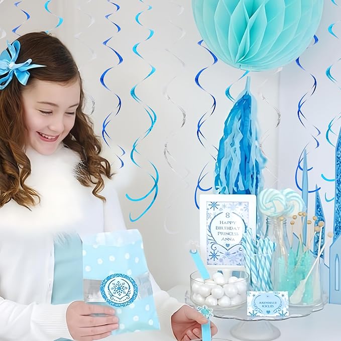 BEISHIDA Blue Blue Silver Hanging Swirls Party Decorations Plastic Streamer for Ceiling, Birthday Hanging Party Supplies, Pack of 30
