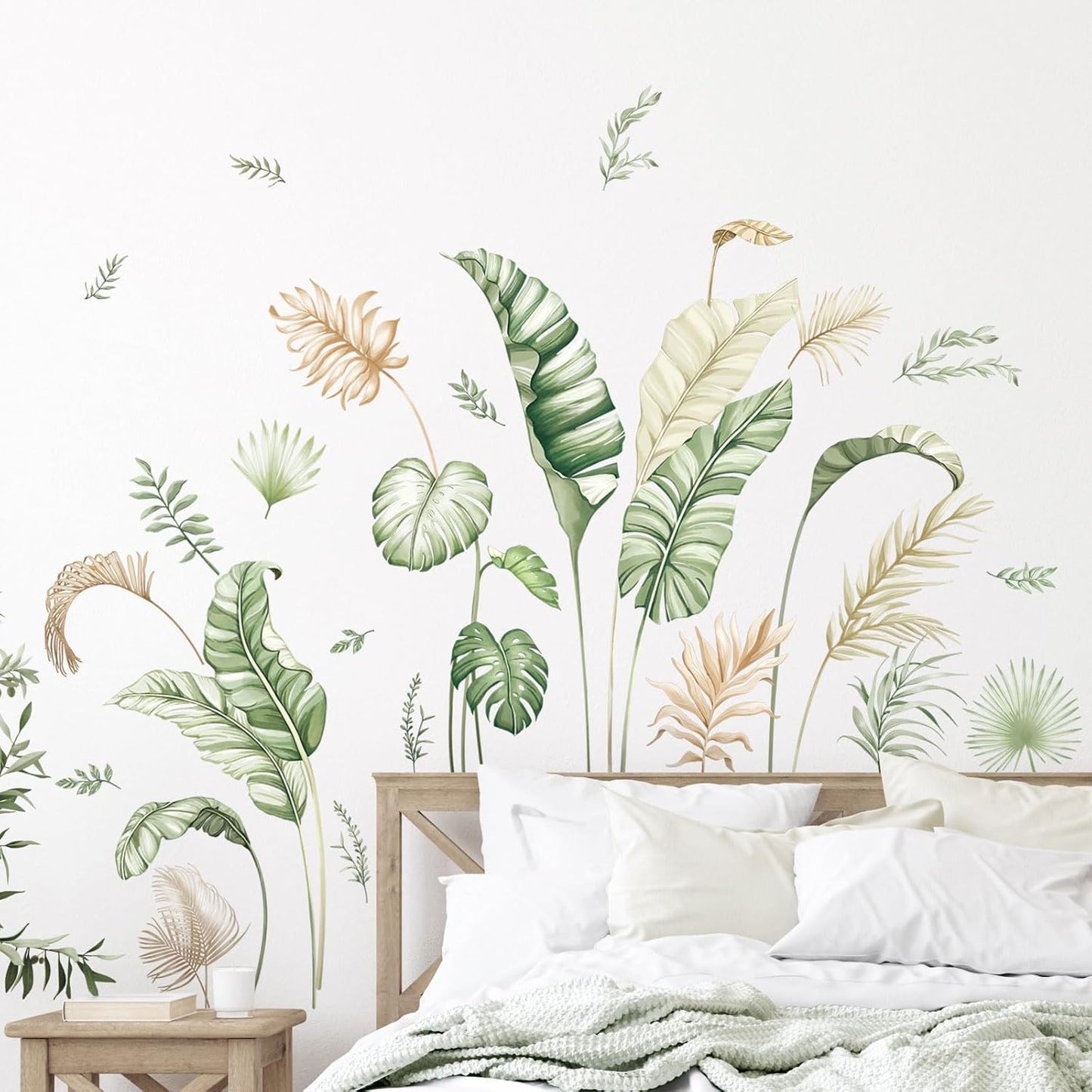 Boho Palm Leaves Wall Decals Green Tropical Plants Wall Stickers Monstera Leaf Art Wall Decor for Bedroom Living Room Kitchen Sofa TV Backdrop