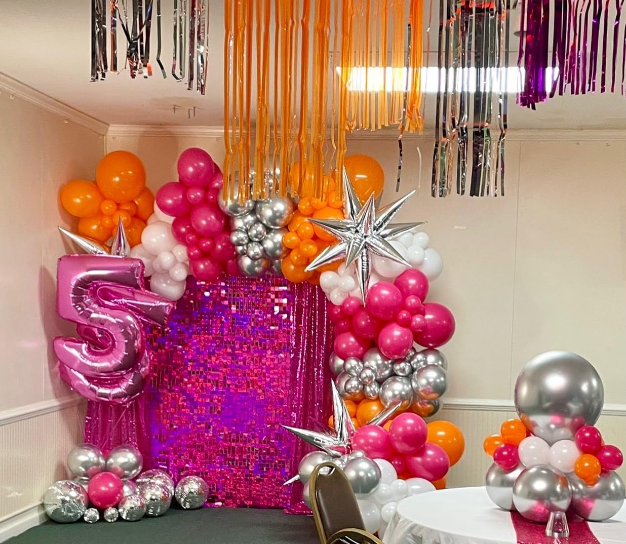 Pink and Orange Balloon Arch Kit, 180Pcs Hot Pink Orange Metallic Silver Latex Balloon Garland kit, 18 12 10 5 Inch Different Size Balloons for Birthday Baby Shower Wedding Party Decorations