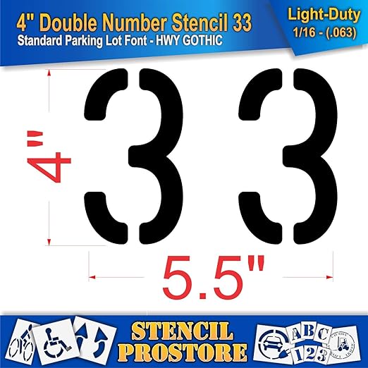 Pavement, Curb, and WheelStop Stencils - 4 inch Double Number Stencil - (33) - 4" x 5.5" x 1/16" (63 mil) - Light-Duty