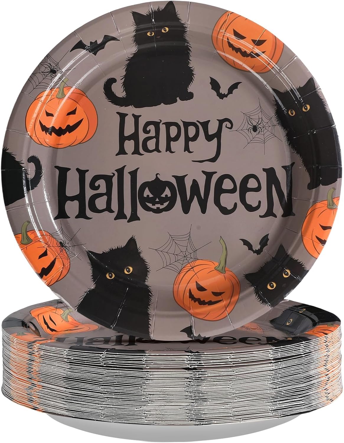 Grencian 50Pcs Halloween Black Cat Plates 9” Disposable Heavy Duty Orange Pumpkin Paper Plates For Halloween Yard Black Cat Party Decorations Supplies