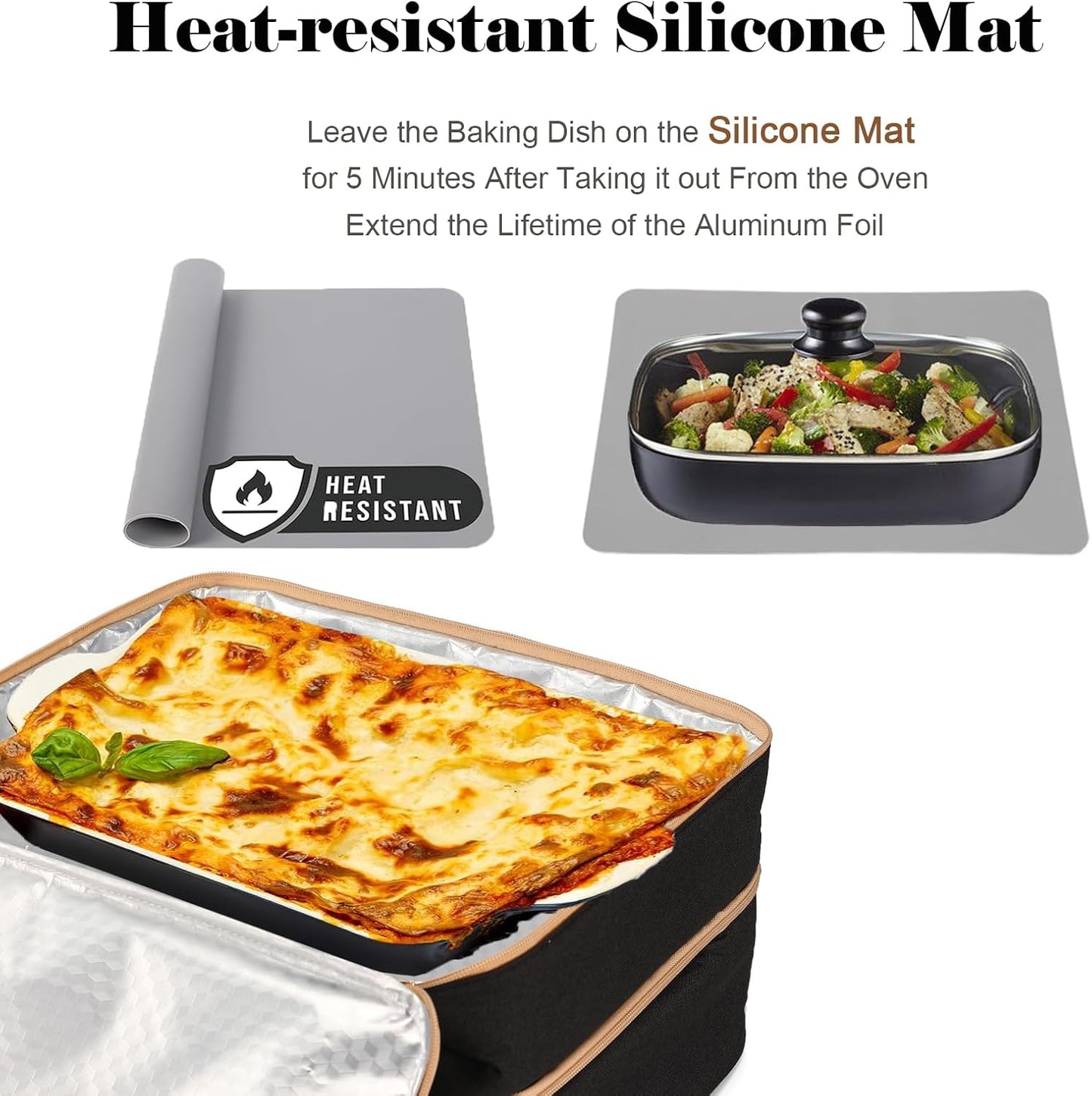 Joyfol Day Double-Decker Insulated Casserole Carrier - Casserole Dish Carrier Hot/Cold Food Tote for Potlucks, Fits 9x13 & 11x15 Pans (Handle-Free) with Heatproof Mat, Black