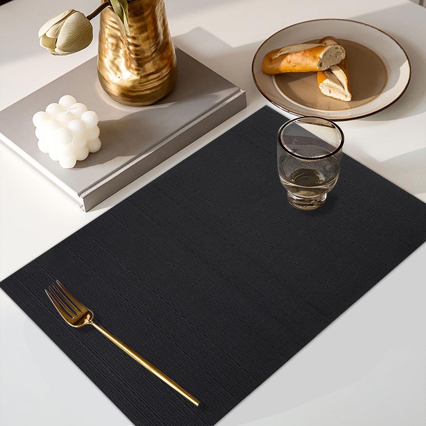 Vinyl Placemats Set of 4, PVC Woven Washable Non-Slip Table Mats, Heat Resistant Wrinkle Free Place Mats for Dining Table, Easy to Clean (4, Black)