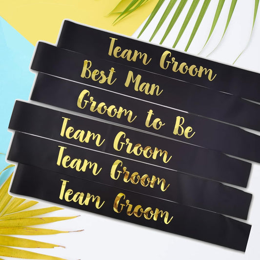 6 PACK Bachelorette Sashes for Groom and Groomsmen, Black Best Men Team Groom Sashes for Men Bachelor Party Decorations Favors Suppiles, Gold Letter