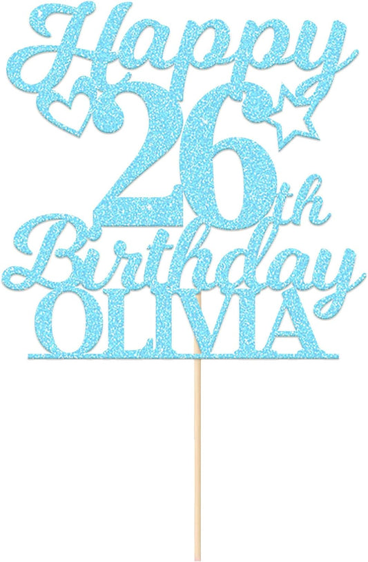 Personalized Happy Birthday Cake Toppers Birthday Cake Topper Gifts for Women Men Custom Glitter Cake Toppers with Any Name & Age for 18th 21st 30th 40th 50th 60th Cake Decorations (Baby Blue)