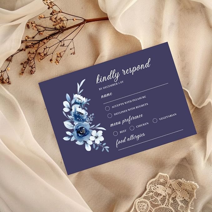 crafty-bell Glossy Finish Personalized Wedding RSVP Response Cards with White Envelopes, Blue Floral Design, 15 Count Respond Cards in Glossy Finish (Navy Blue)