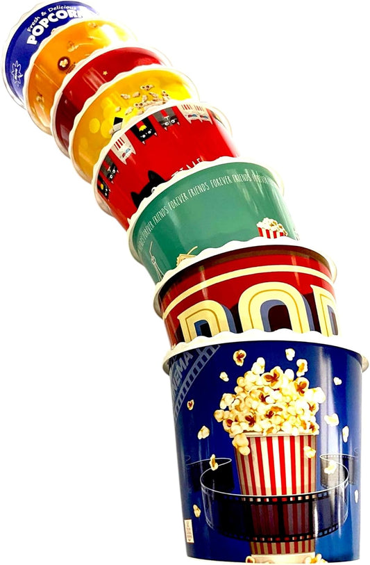 Modern Style Reusable Plastic Popcorn Box/Popcorn Containers/Popcorn Bowls Set for Movie Theater Night - (BPA Free - 8 Pack - 75 oz) (Popcorn Mix X)