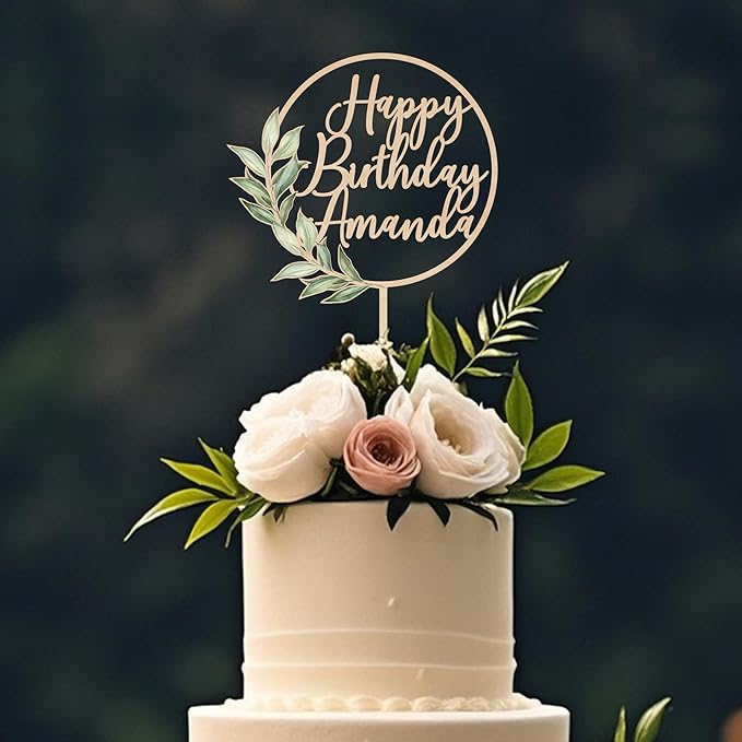 Birthday Cake Topper Custom Name with Green Leaves Wooden Personalized Happy Birthday Cake Decoration Party Topper Design 03
