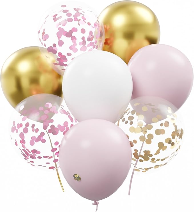 AFTERLOON® Biodegradable Balloons 50 pcs Pink/White/Gold 12 Inch Set, Metallic Confetti Thickened Extra Strong Latex Helium Float, for Baby Shower Gender Reveal Wedding Birthday Party Decorations