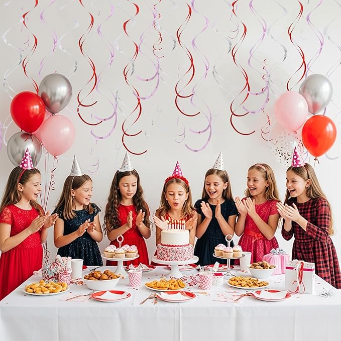 BEISHIDA Red Pink and Silver Hanging Swirls Party Decorations Plastic Streamer for Girl Birthday Hanging Ornament Decorations, Valentine Wedding Anniversary Party Supplies, Pack of 20