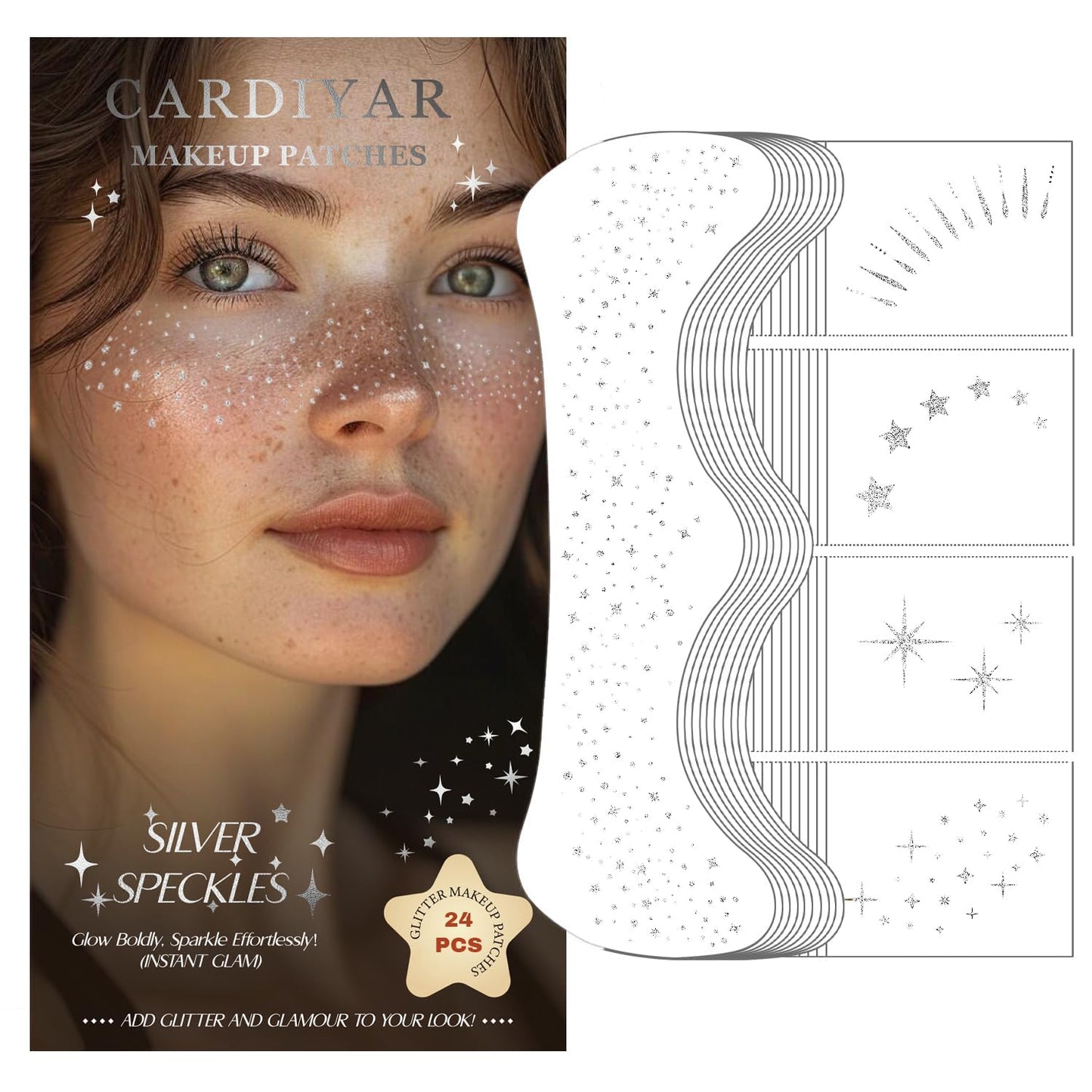 Glitter Freckles, 24PCS Glitter Freckles Face Tattoo, Sparkle Freckles for Women, Waterproof Gold Temporary Face Tattoos Glitter Glow Up Patches Makeup Patches (Silver)