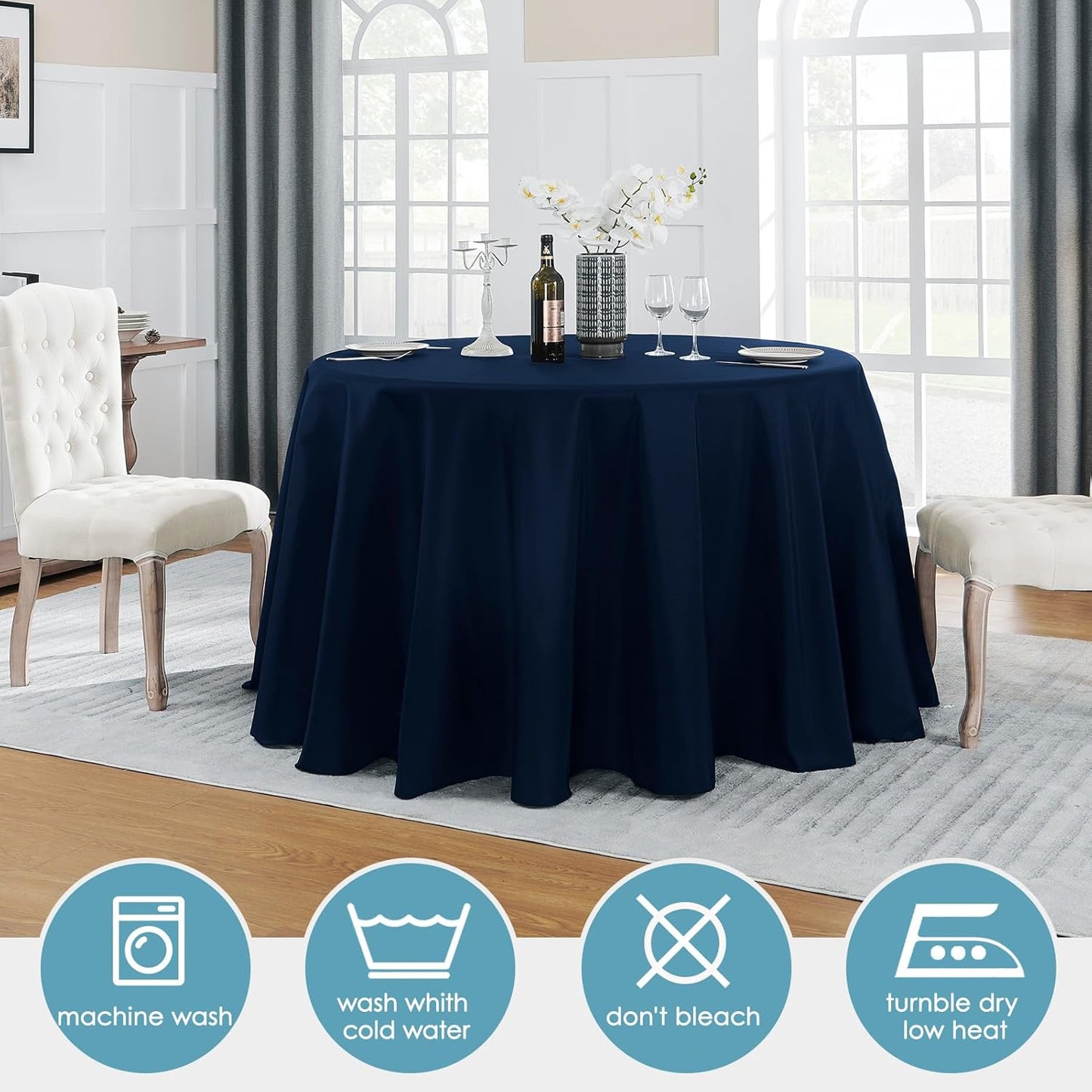 VidaFete Tablecloth 6 Pack 120inch Round Table Cloth Polyester, Stain Wrinkle Resistant Polyester Dining Table Cover for Kitchen Dinning Party Wedding Round Tabletop Buffet Decoration(Navy Blue)
