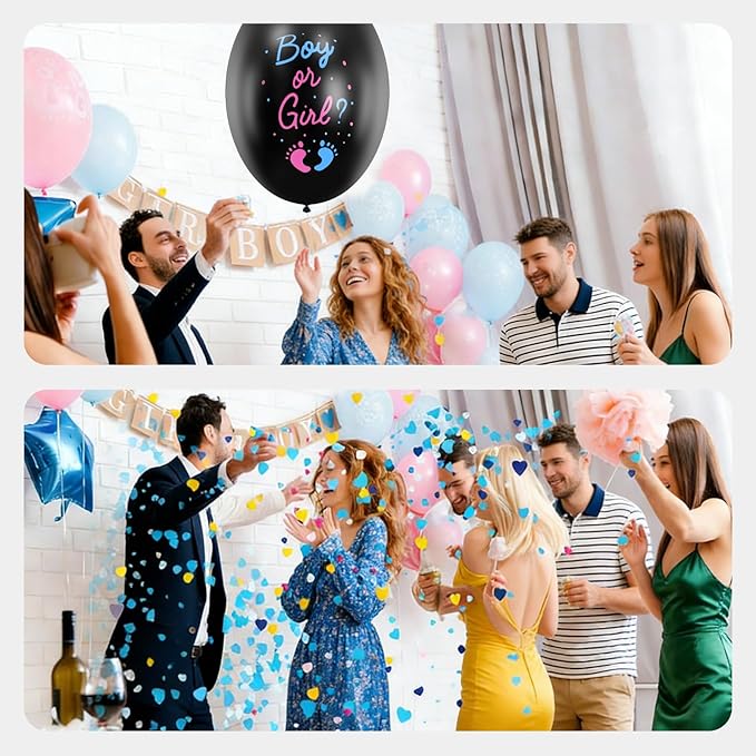 Gender Reveal Balloon 2 Pack, 36 Inch Black Balloons with Pink Blue Hearts Confetti for Boy or Girl Baby Gender Reveal Ideas Baby Shower Party Decorations Kit