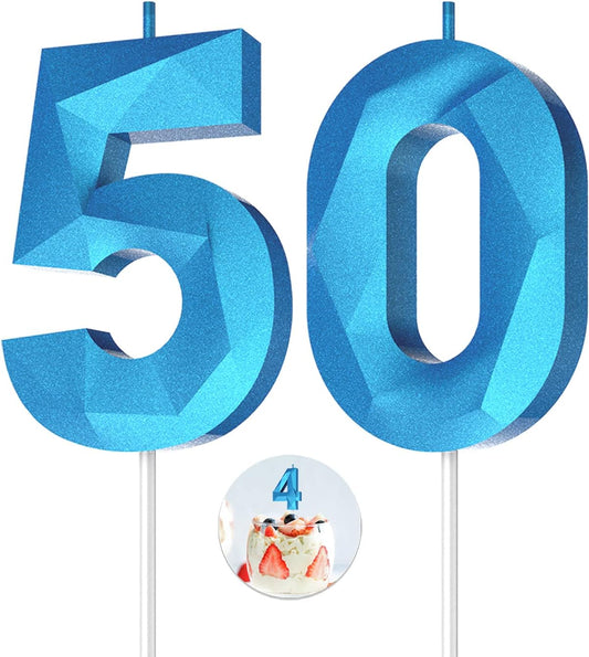 Number Birthday Candles(50 Candle Blue) 3D Diamond Shape Number Happy Birthday Cake Candles for Birthday Party Wedding Decoration Reunions Theme Party