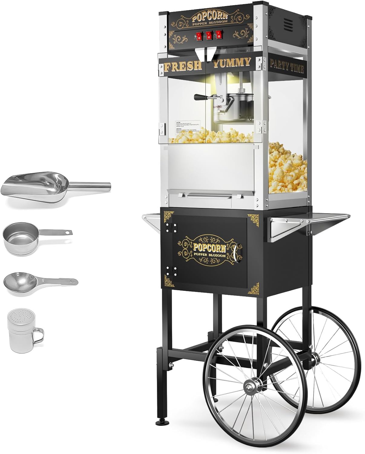 2025 Upgraded 20 oz Popcorn Machine Cart, Popcorn Maker Machine with Stainless-Steel Kettle Makes Up to 80 Cups, Movie Theater Pop Corn Machine with 3-Switch Control & Tempered Glass Doors, Black