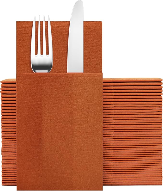 Terracotta Napkins Hand Towels Disposable, Linen-Feel Dinner Napkins with Prefolded Built-in Flatware Pocket, Guest Paper Hand Towels For Wedding, Dinner Or Party (16x16in, 50Pack）