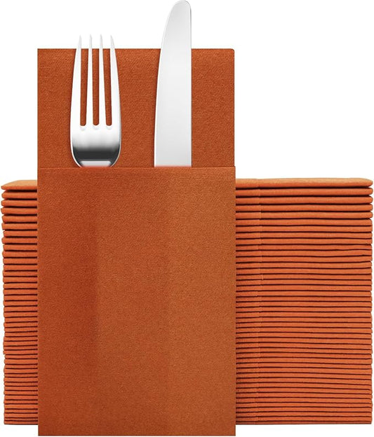 Terracotta Napkins Hand Towels Disposable, Linen-Feel Dinner Napkins with Prefolded Built-in Flatware Pocket, Guest Paper Hand Towels For Wedding, Dinner Or Party (16x16in, 50Pack）