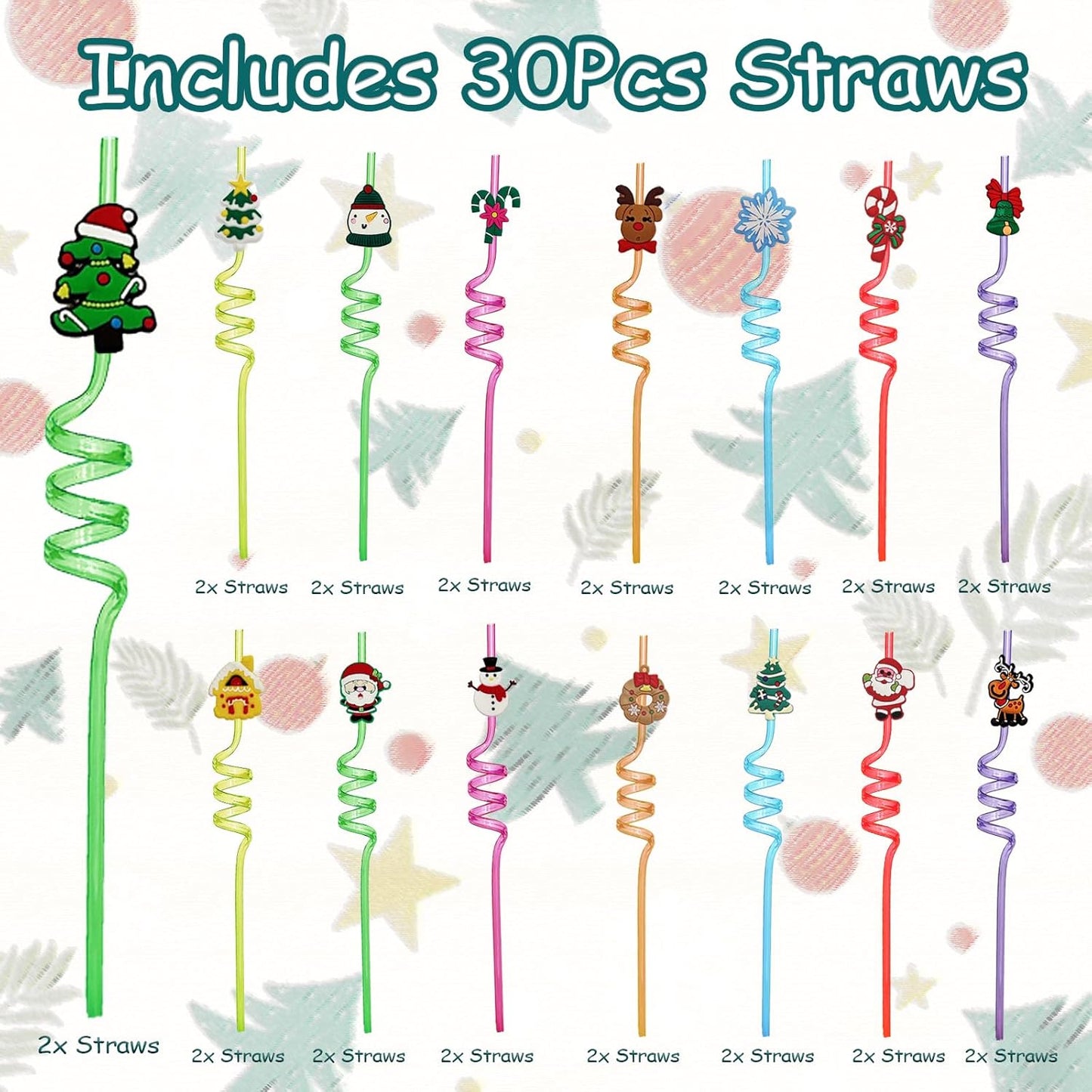 30 Pcs Christmas Drinking Straws Reusable with Cartoon Decorations, Xmas Theme Party Plastic Straw, Santa Claus Snowman Christmas Tree Straws for Kids Adults Christmas Party Supplies, 15 Styles