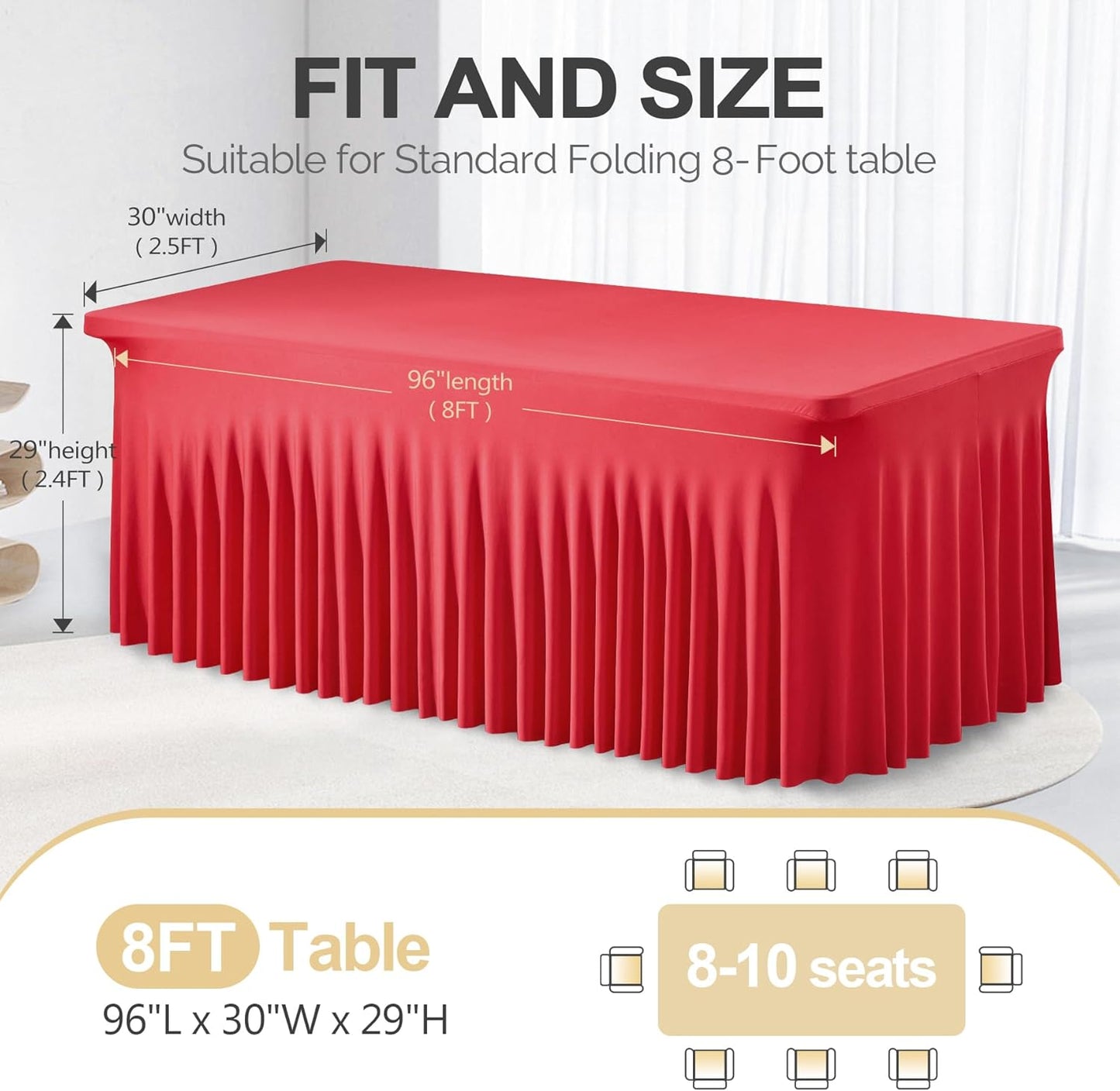 PARTISKY Red Spandex Tablecloth for 8ft Rectangle Tables, Stretchable Table Cover Skirt for Folding Tables Weddings Parties Banquets Events Trade Shows and Dessert Table