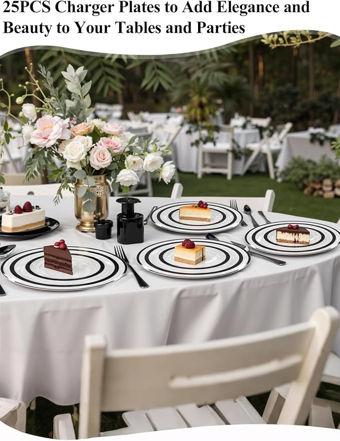 WDF 25 Pack Black Charger Plates - Clear Charges with Black Trim - 12inch Disposable Chargers Plates for Graduation Wedding Party Birthday Dinner