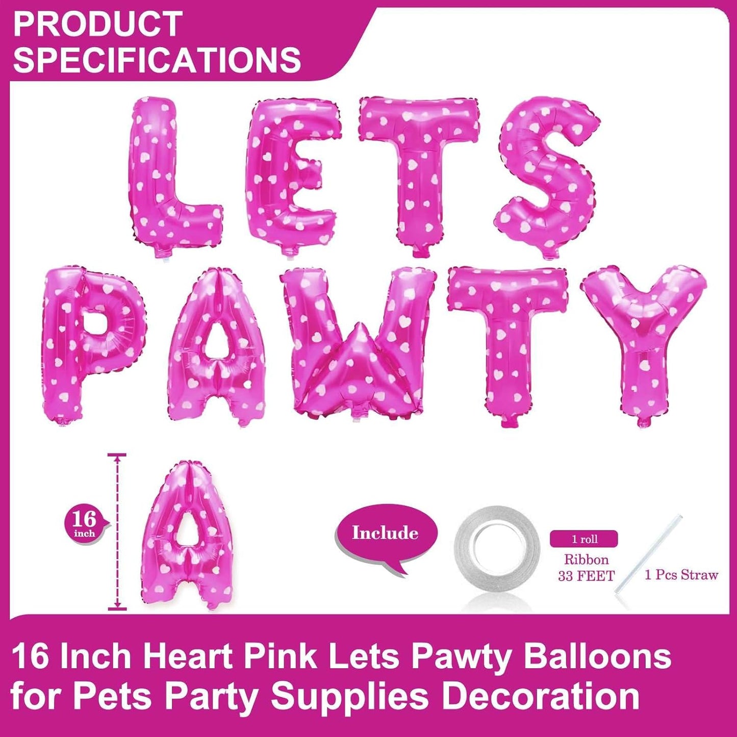 9 Pcs Lets Pawty Balloons Banner 16 Inch, Dog Cat Pet Birthday Letters Sign Lets Pawty Balloons Happy Birthday Banner for Pet Dog Cat Party Supplies Decorations (Heart Pink)