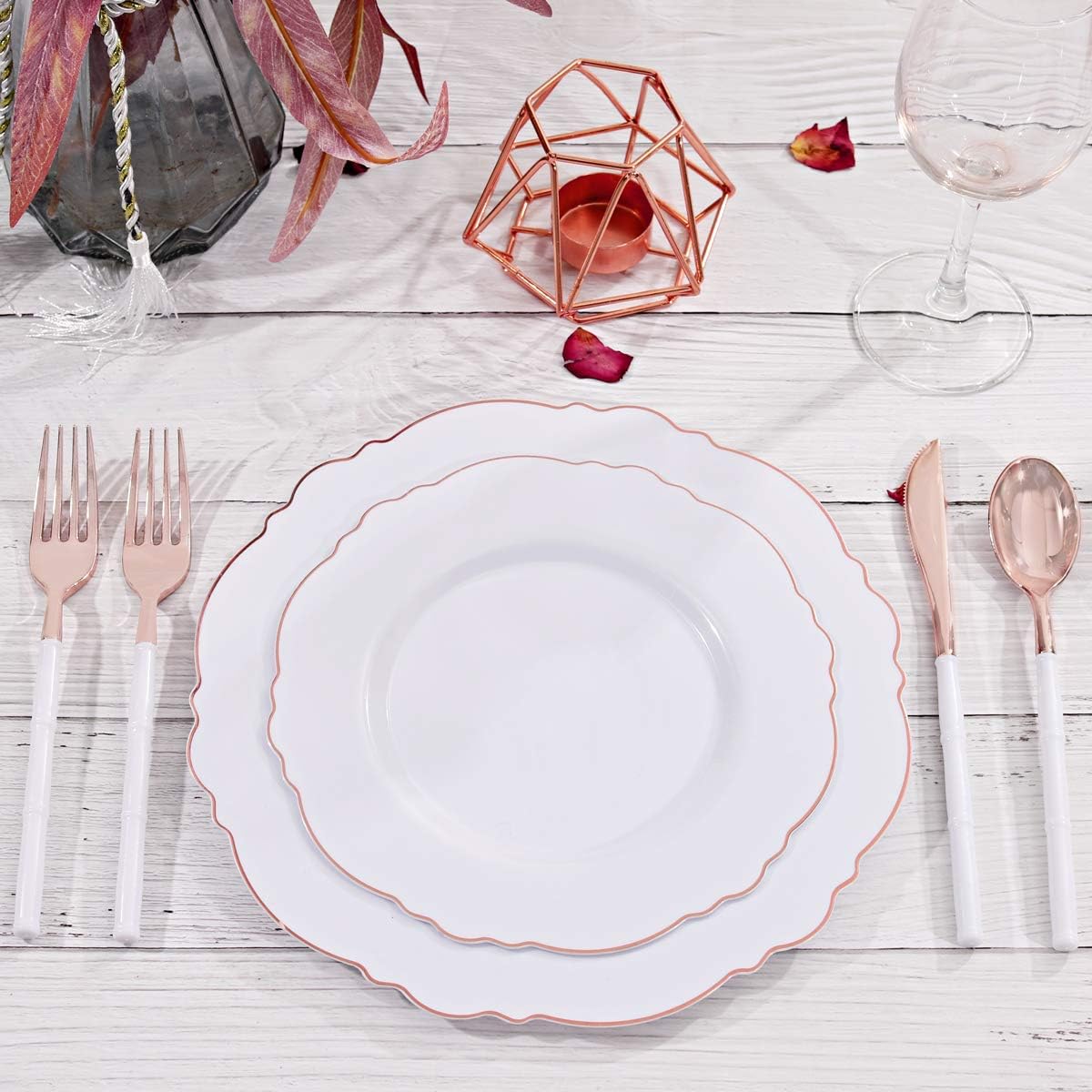 WDF 100pcs Rose Gold Plastic Plates-Baroque White &Rose Gold Disposable Plates including 50Plastic Dinner Plates 10.25inch,50Salad Plates 7.5inch for Wedding & Parties