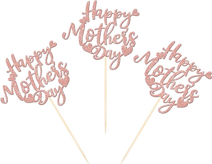 12 PCS Happy Mother's Day Centerpiece Sticks Double Sided Glitter Love Mother Best Mom Centerpieces for Happy Mother's Day Theme Table Flower Decorations Birthday Party Supplies Rose Gold