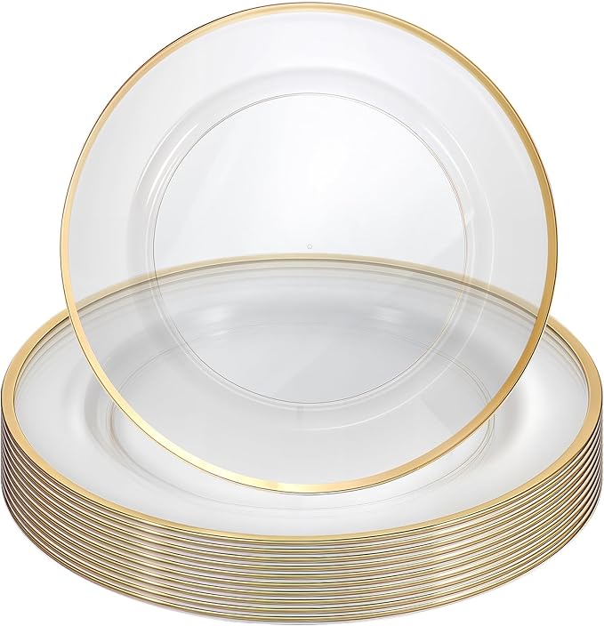 DIVINA VITAE 25Pack Disposable Clear Charger Plates Bulk with Gold Trim, 12 Inch Gold Plastic Chargers Plate Disposable for Party, Wedding, Dinne, Thanksgiving,Halloween,Christmas