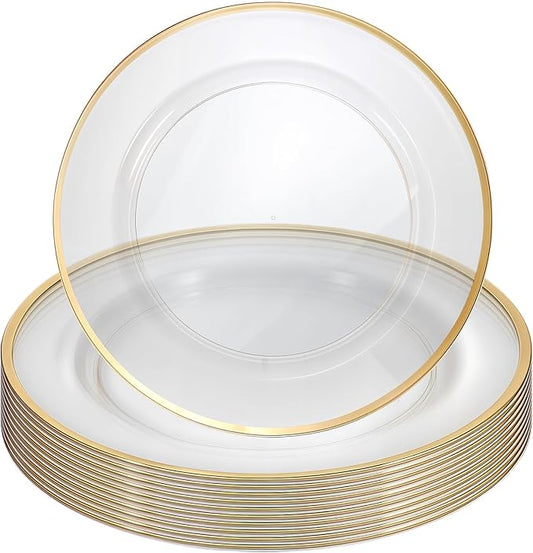 DIVINA VITAE 25Pack Disposable Clear Charger Plates Bulk with Gold Trim, 12 Inch Gold Plastic Chargers Plate Disposable for Party, Wedding, Dinne, Thanksgiving,Halloween,Christmas