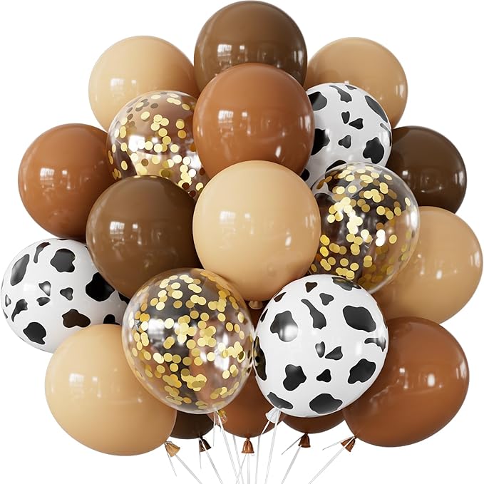 Brown Cow Print Balloons - 60Pcs Western Party Balloons, 12Inch Coffee Brown Beige Latex Balloons with Confetti for Cow Birthday, Baby Shower,Western Party, Farm Themed Cowboy Decor