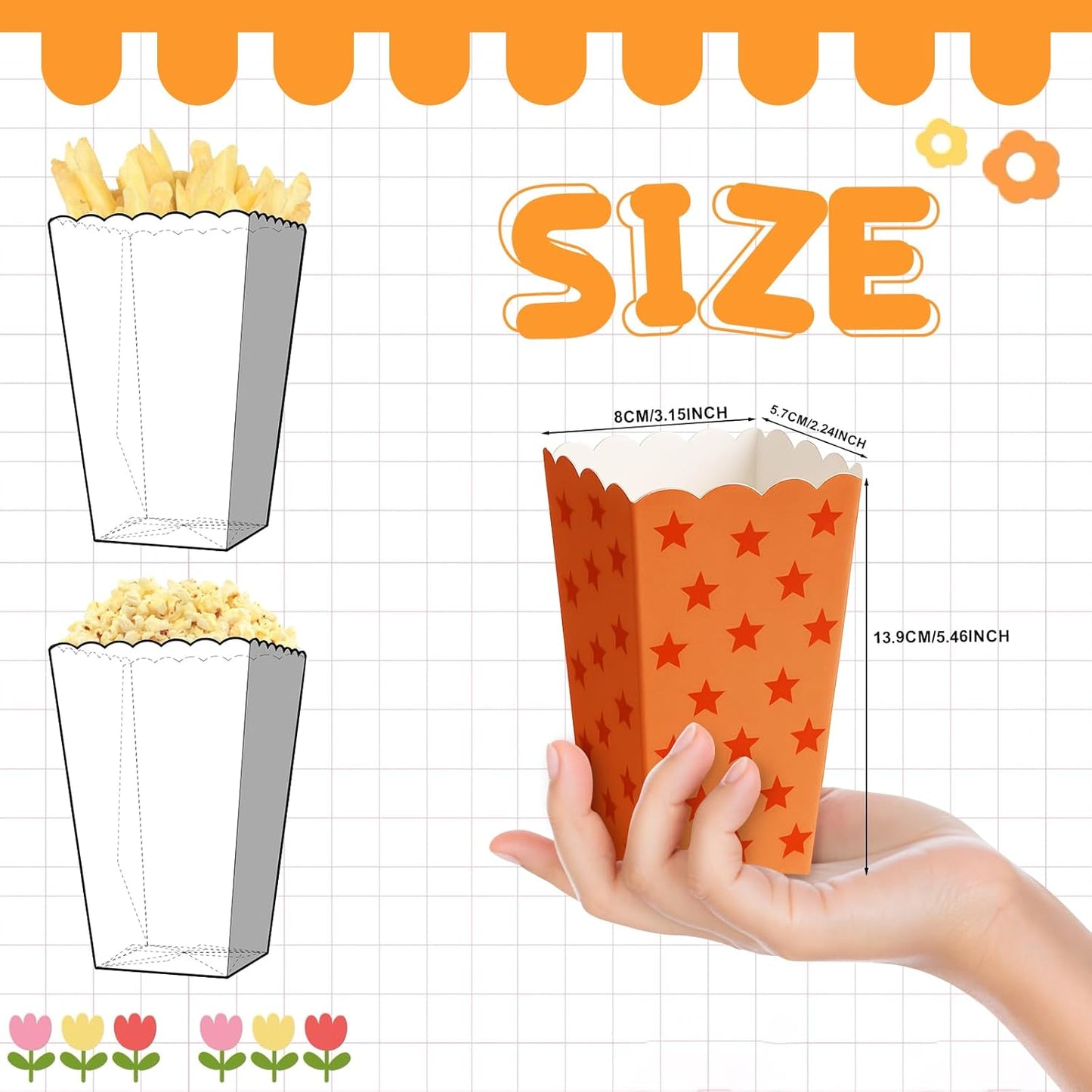 24Pcs Party Paper Popcorn Box,Mini Disposable Popcorn Cup Anime Pattern Popcorn Carton,Snack Candy Fries Container,Apply To Weddings,Movie Night,Birthdays, And Graduation Parties(yellow)