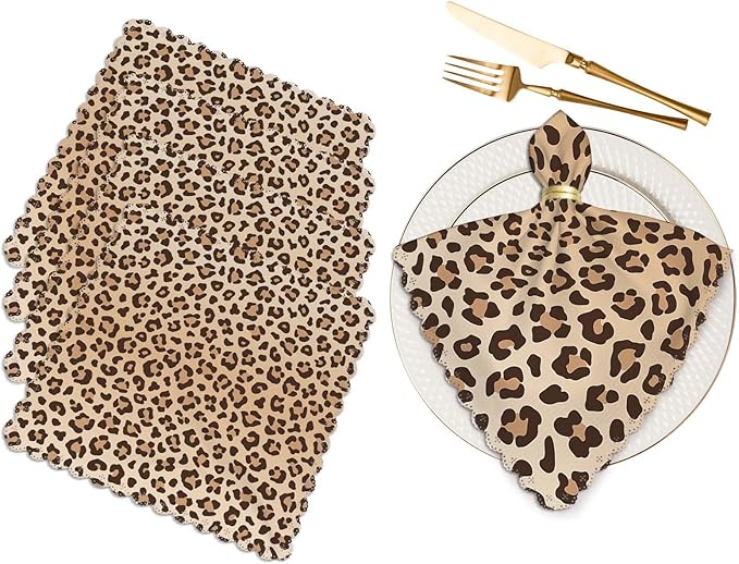 Yibeas Leopard Cloth Napkins Set of 4 Soft Animal Leopard Print Pattern Polyester Dinner Napkin for Family Restaurant Weddings Parties 18 x 18 inch