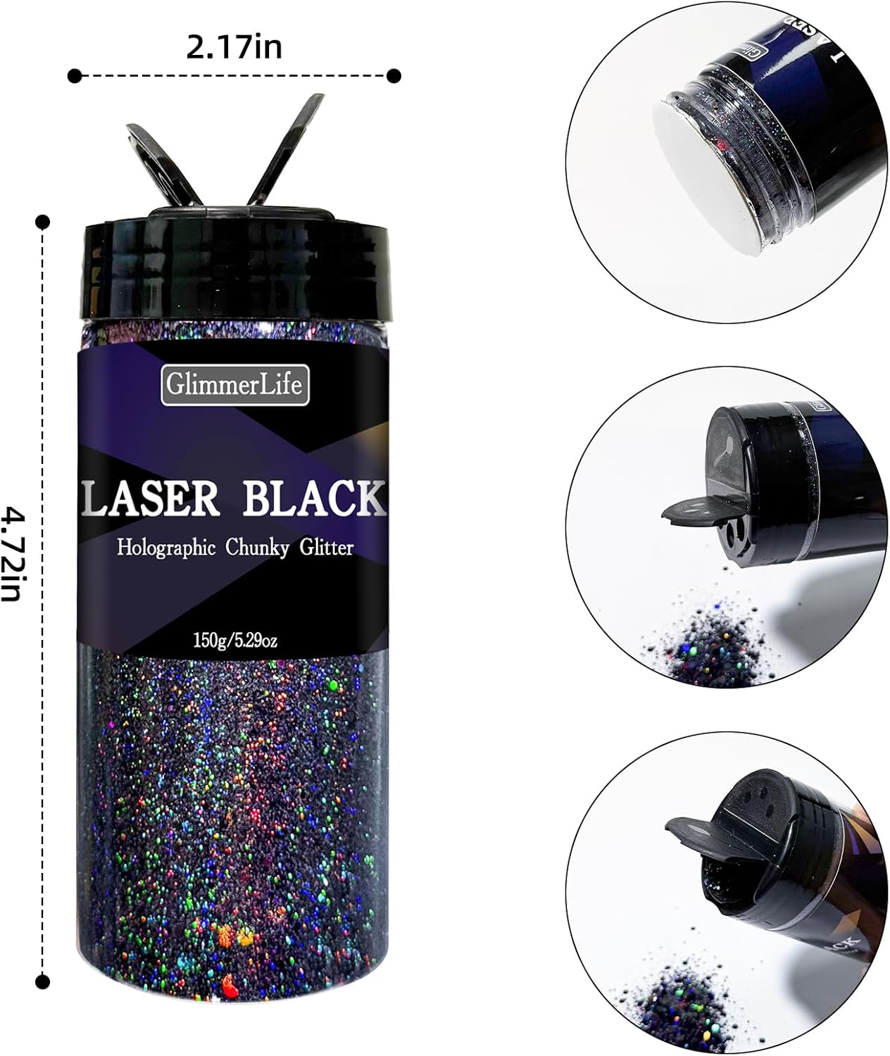 GlimmerLife Black Glitter, 150G/5.29OZ Glitter, Holographic Chunky Glitter, Craft Glitter for Resin, Epoxy Tumblers, Nail Art, Iridescent Metallic Sequin Flakes Bulk, Halloween Decorations