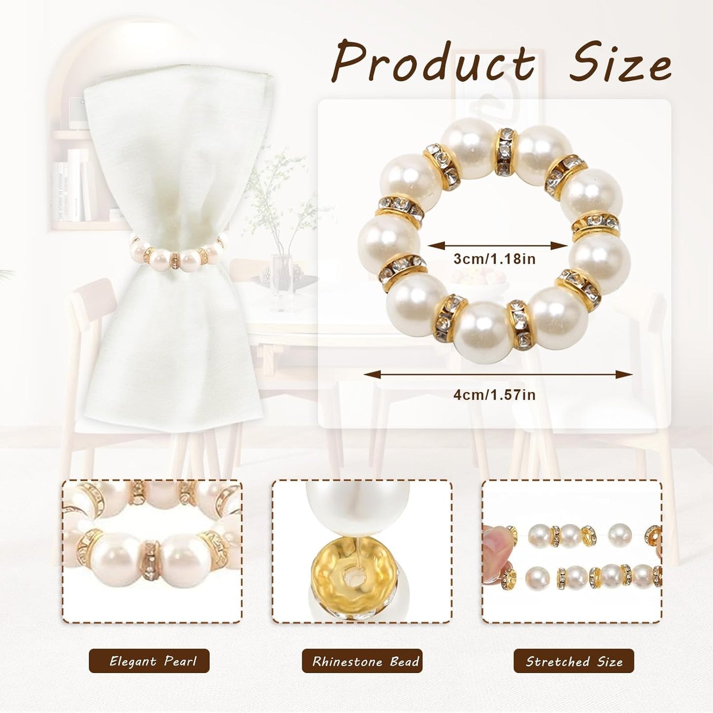 DaMohony 100pcs Pearl Napkin Rings, Golden Elastic Stretched Serviette Rings Buckle, Imitation Serviette Beaded Napkin Rings for Wedding Party Dining Table Decor