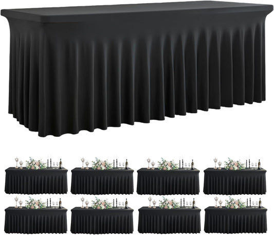 Outpain Wrinkle Free Spandex Tablecloth for 6 Foot Rectangle Tables, 8 Pack Black Fitted Table Cloths 6ft Stretchy Banquet Table Clothes Cover Desk Skirt for Birthday Wedding Parties Baby Shower