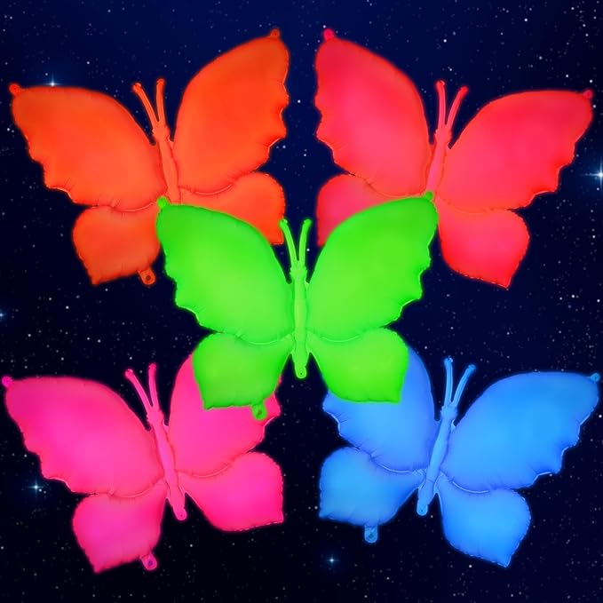 Mega-L Glow in the Dark Party Supplies,5 Pcs Neon Butterfly Balloons Set – Fluorescent Red, Lemon Yellow, Fuchsia, Blue and Orange Balloons Perfect for Birthday, Wedding, Anniversary, Graduation Party
