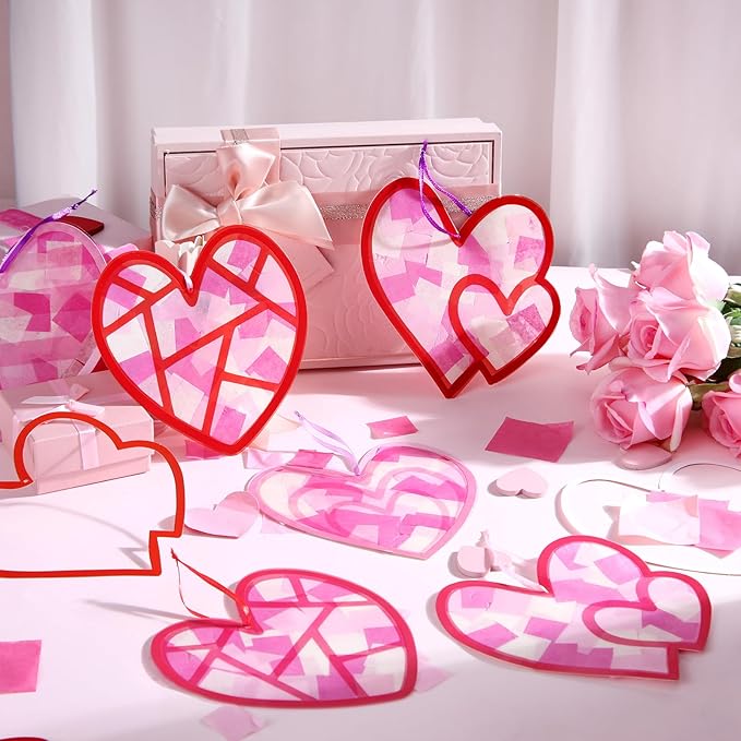 Motipuns 32 Sets Valentine Suncatchers Paper Craft Set DIY Heart Shaped Window Stained Glass Effect Paper Kit for Valentine Mother's Day Art Projects Party Favors(Cute Style)