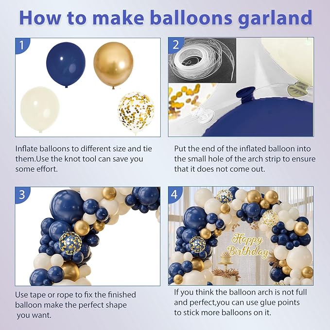Blue and Gold Balloons Arch Kit, Navy Dark Blue Latex Balloon Arch Kit with Chrome Gold Sand White Balloons Garland and Gold Confetti Balloons for Wedding Boy Birthday Gender Reveal Party Decoration