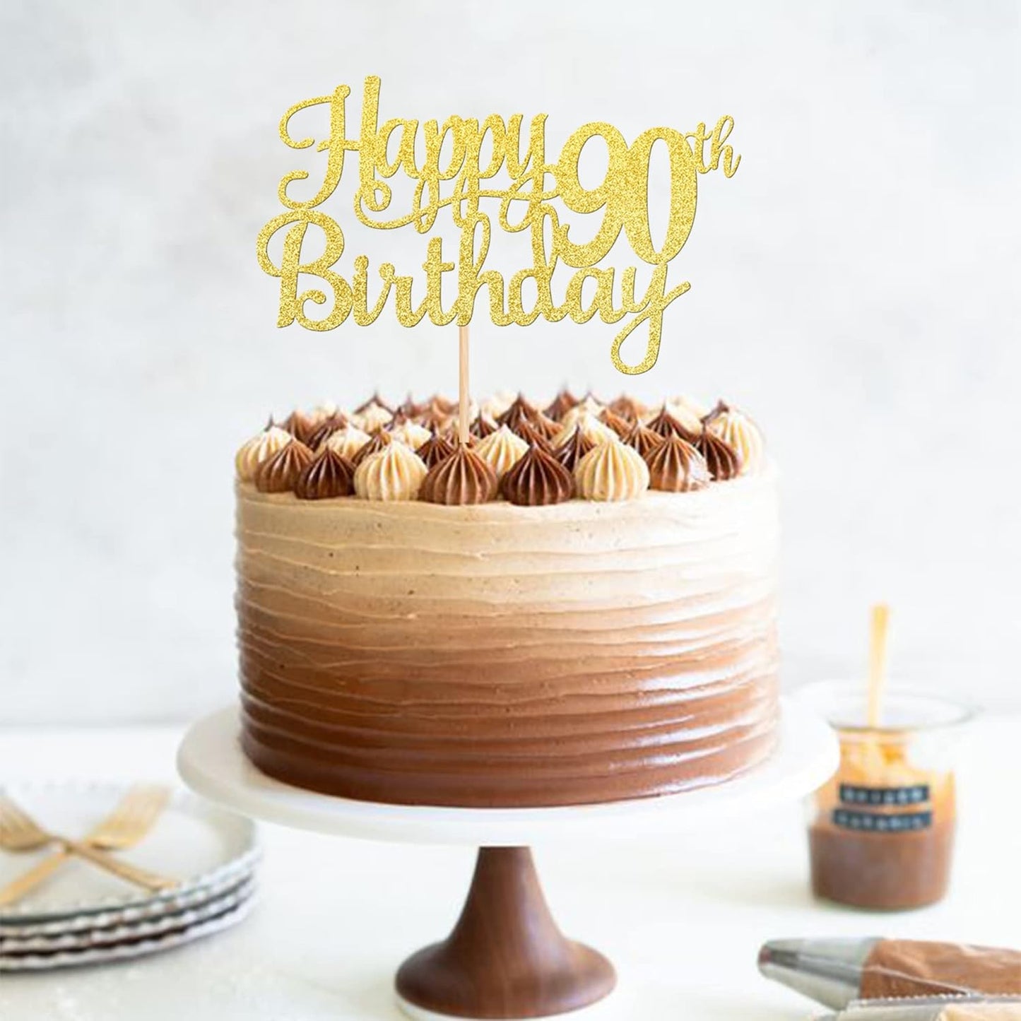 1 PCS Happy 90th Birthday Cake Topper Gold Glitter Cheers to 90 Years Birthday Cake Pick 90 Fabulous Cake Decoration for Happy 90th Birthday Theme Party Decorations Supplies