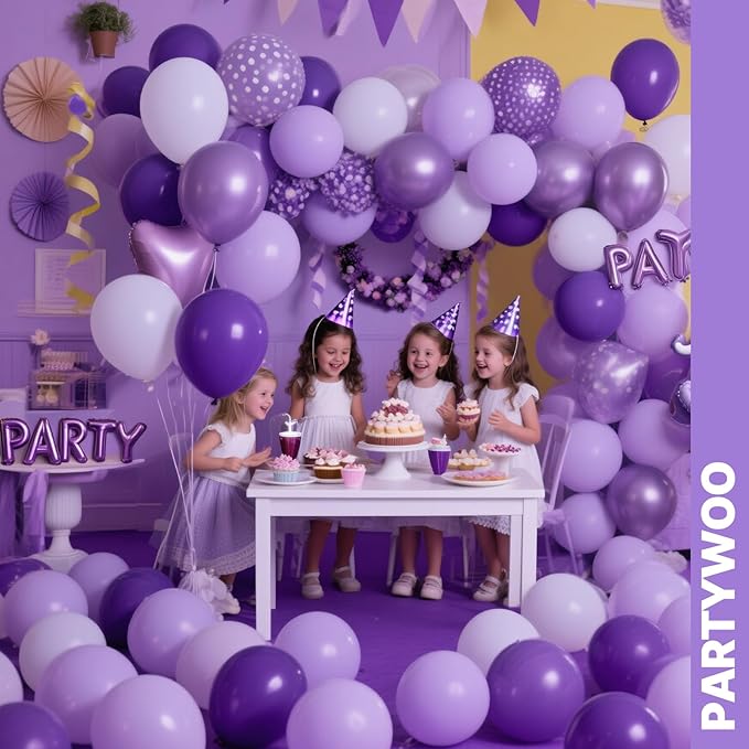PartyWoo Purple Balloons 65pcs 12 Inch Light Pastel Dark Metallic Purple Lilac Lavender Confetti Balloons for Graduation Baby Shower Birthday Wedding Anniversary Butterfly Princess Party Decorations