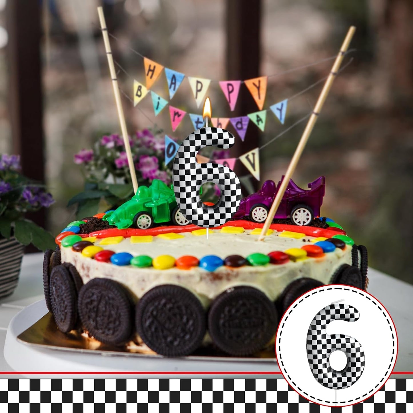 Racing Cars Themed Birthday Candle Number 6 Checkered Candle Birthday Party Decoration Cake Topper for Racing Car Party Decoration Theme Party Supplies (Number 6)