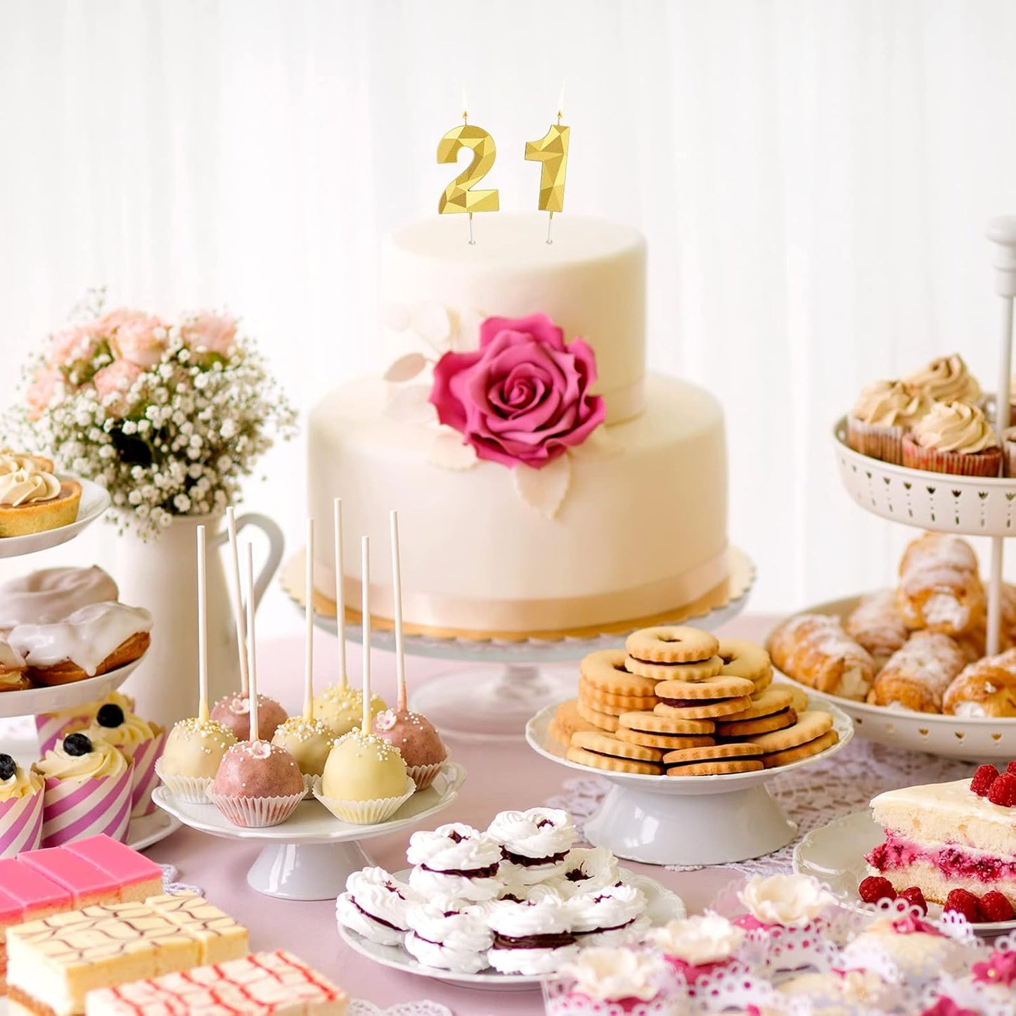 Nuanchu 21st &12th Number Birthday Candles 3D Diamond Shape Numeral Candles Happy Birthday 21 Cake Topper for Wedding Decoration Theme Party Anniversary, 2 Inch (Gold)