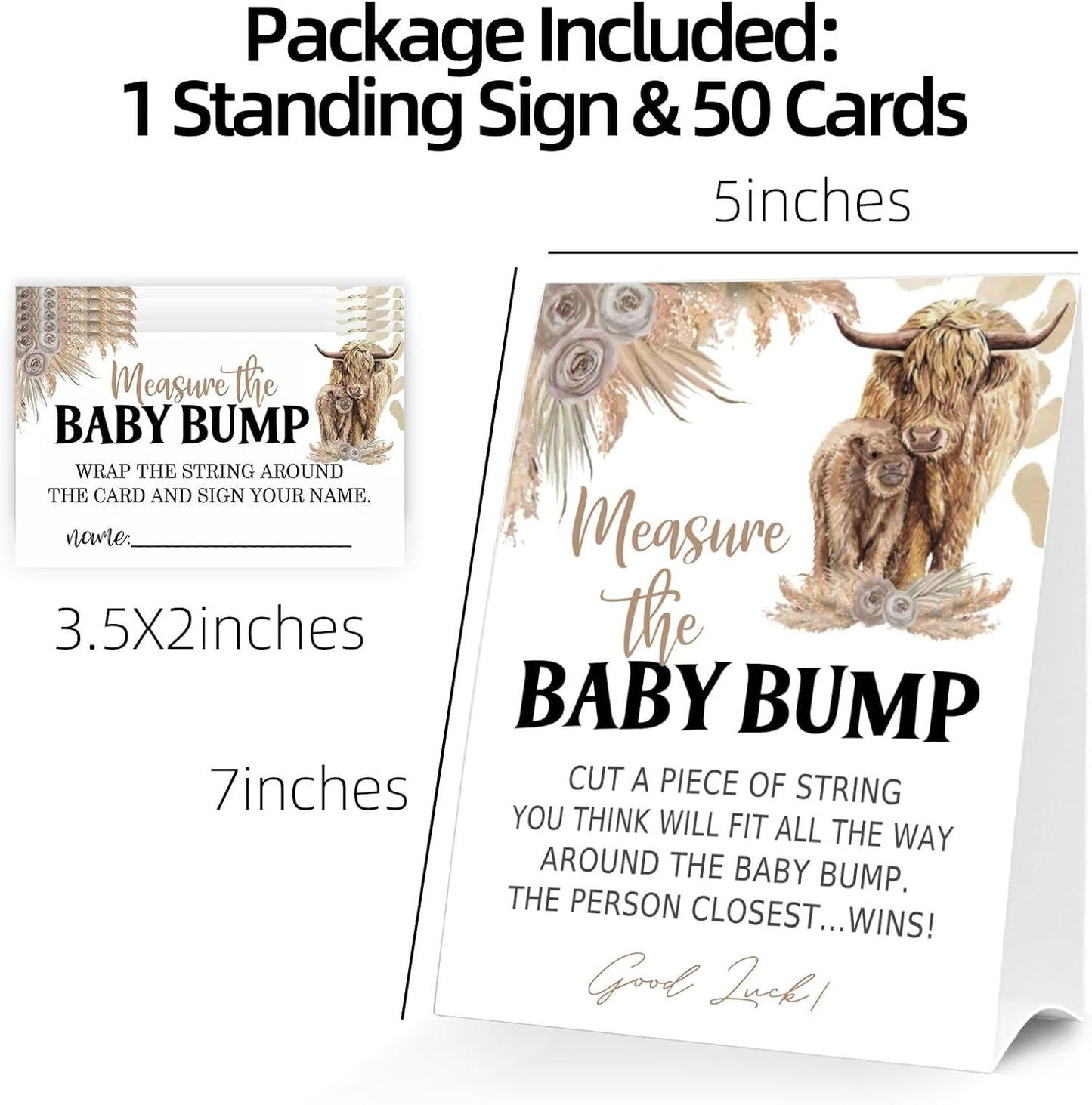 Baby Shower Games Measure the Baby Bump Sign, How Big is Mommy's Belly Party Favors Supplies, 5x7 Inch Kraft Standing Sign and 50 Guessing Cards, Holy Cow, Boho Highland Cow