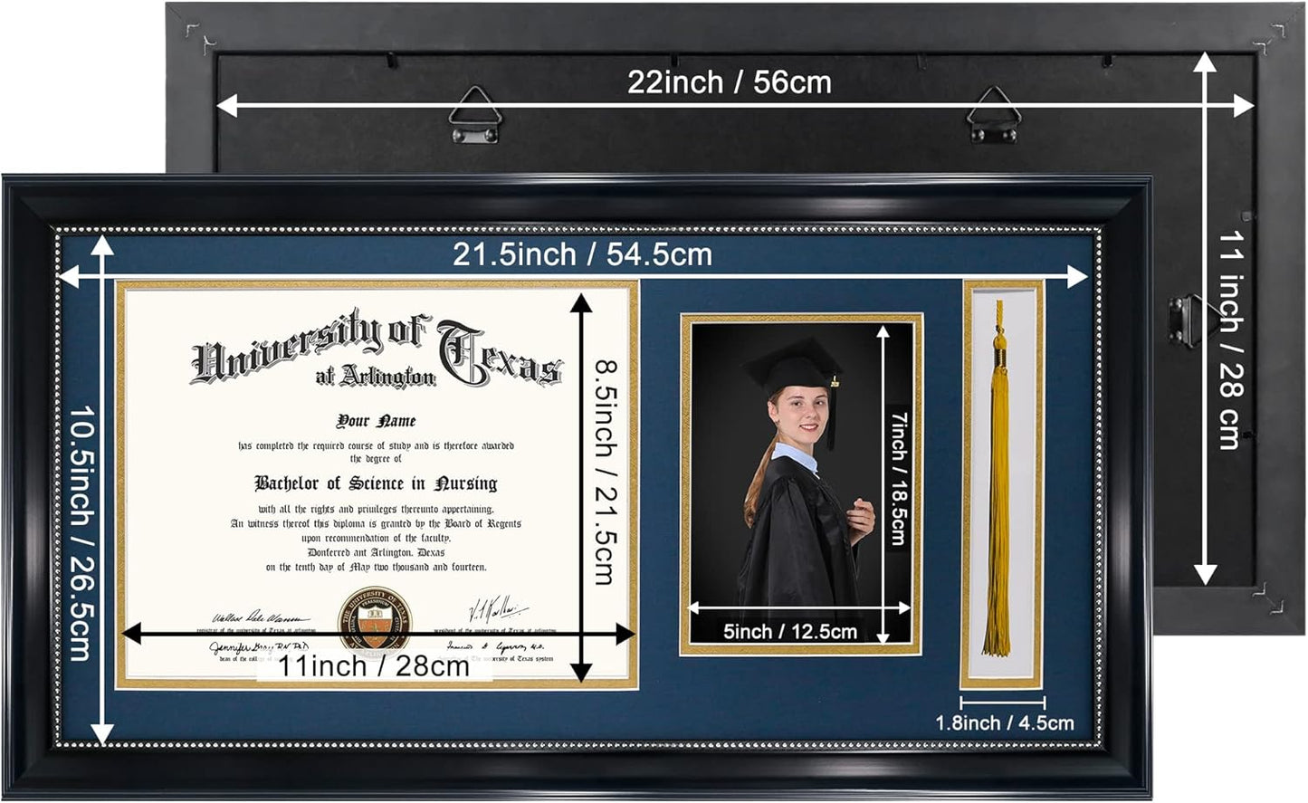 GraduationMall 11x22 Black Diploma Frame with Tassel Holder and Picture for 8.5x11 Certificate 5x7 Photo,Real Glass,Navy over Gold Mat