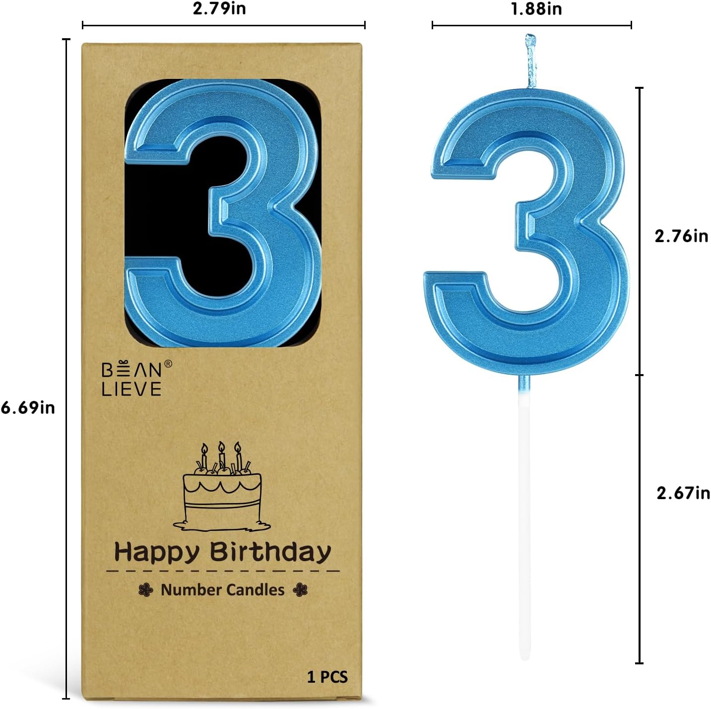 BEAN LIEVE Blue Birthday Candles Number 3, Blue Number Candles, Cake Number Candles for Birthday Parties and Wedding Anniversary Celebrations