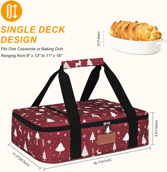 BBV Christmas Insulated Casserole Carrier for Hot or Cold Food, Food Warmer Bag Fits 9"x13" Baking Dish, Durable Nylon Leak Proof Food Containers for Travel, Potluck, Parties, Picnic (Christmas Elk)