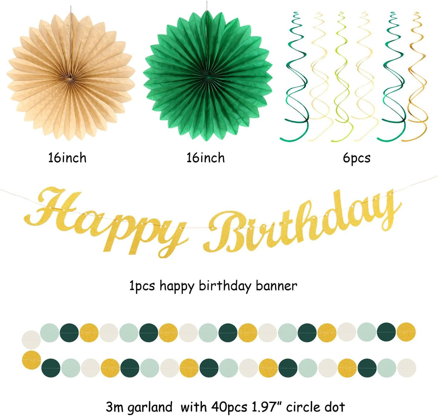 Sage Green Champagne-Gold Birthday Party-Decorations - 21pcs Happy Banner,Olive Retro Paper Lanterns Pom Poms,Rustic Boho Neutral Streamers Garland,Women Girls Boy Decor Supplies Huglony
